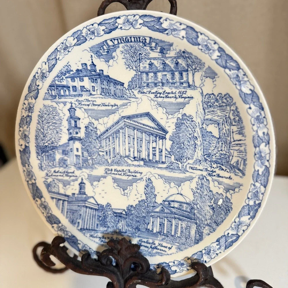 Vernon Kilns Virginia State Souvenir Plate Blue White Transferware Landmarks